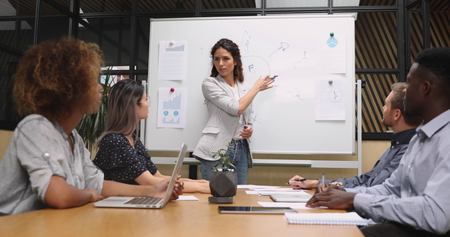 Female caucasian businesswoman coach leader conference speaker give business presentation explain project strategy draw on whiteboard training diverse team group at office boardroom seminar meeting | Shutterstock HD Video #1037121371