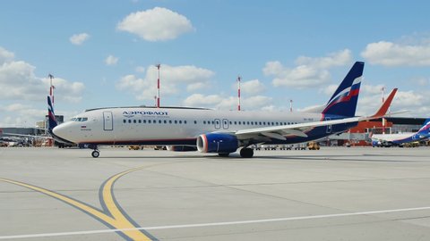 Moscow, Russia - June, 2019: Civil airplane Boeing 737 of Aeroflot airlines taxiing for take off at Sheremetyevo international airport