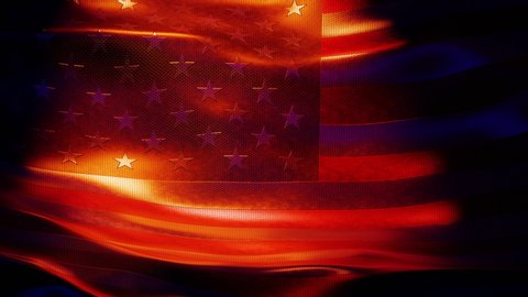 4K heavy leather UNITED STATES waving flag seamless loop animation, US flag under dramatic spotlight lighting with dark blue reflective shadows, thick meterial waving in the wind, slow motion closeup