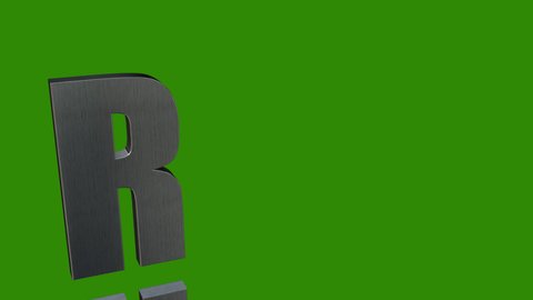 The letter R from polished metal is made in 3D with rotation and movement from the right side of the frame to the left on a green background with mirror reflection.