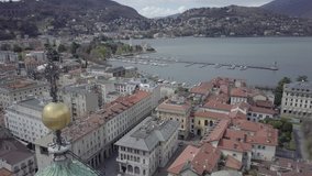Aerial video shooting with drone on Como, famous Lombardia city on the Como Lario Lake