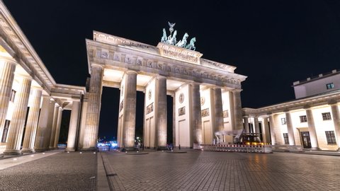 Berlin Brandenburg Gate Berlin at night time lapse, hyperlapse video, germany berlin city.