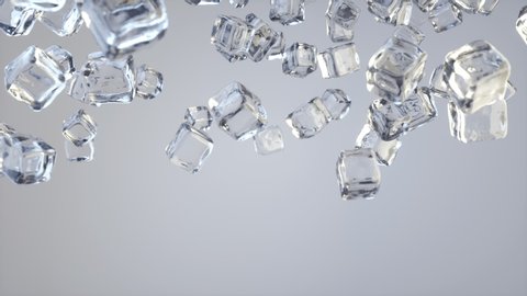 Amazing scene of ice cubes falling in super slow motion. Ice cubes falling on white background. Ice crystals. Sugar crystals. Glass blocks. 3D Render.