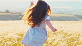 Pretty happy little girl in pink dress with long hair walking outdoors in summer field on sunset. Hull HD video.