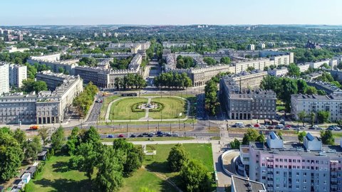 Kraków, Poland.  Aerial 4K video of Ronald Reagan Central Square in Nowa Huta. One of two entirely planned and build socialist realist towns in the world. Originally the town, now a district of Cracow