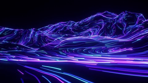 Mountain Trip UV Neon Lines / Hypnothic glowing lines travelling in space with slow-moving camera flying over them 