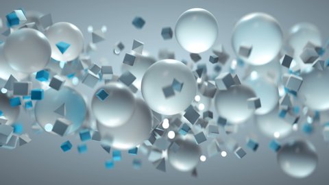 White and blue geometric shapes are are flying. Abstract computer graphics. Seamless loop 3D render animation