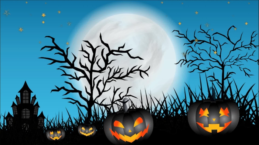 Happy scary night halloween animation. Halloween animation with blue sky backgroun, moon, shining stars, animated grass, trees, shining pumpkins, haunted castle, and flying bats | Shutterstock HD Video #1037170751