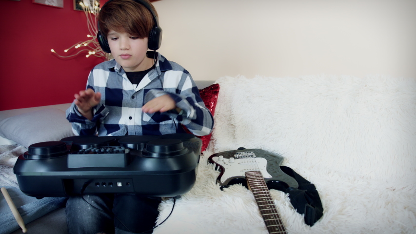 4k Home Music Practice, Child Playing Electric Drums with Headphones