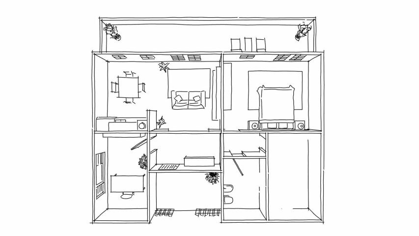 2D interior whiteboard freehand sketch illustration of white furnished home apartment	