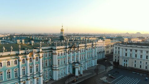 Panorama of the Hermitage in the morning at dawn in the summer. Aerial view of the historic city center.