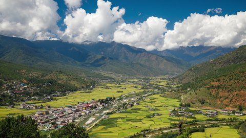 Looking out over the city of Paro in Bhutan. Time Lapse.