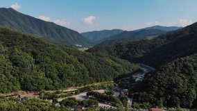 Drone Aerial footage of the forest covered hills of South  Korea