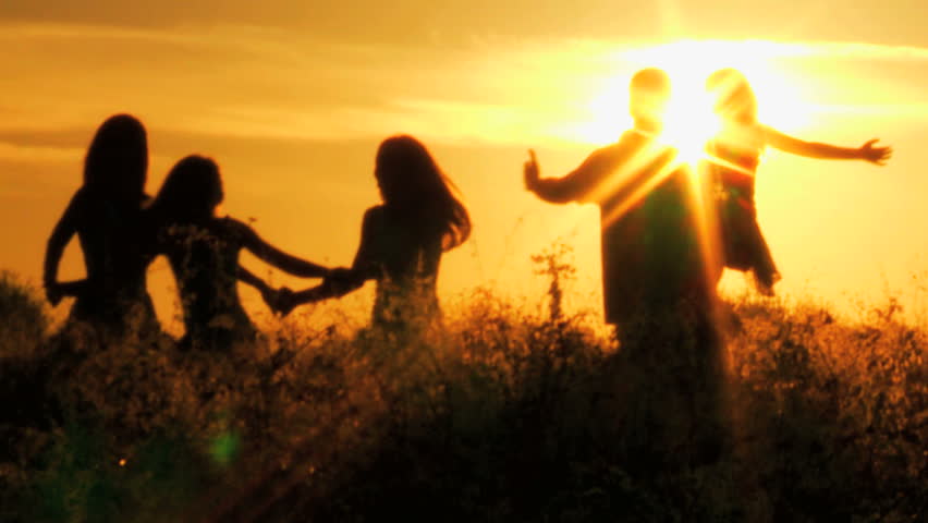 Caucasian Parents Three Young Daughters Girls Playing Together Outdoors Sunset