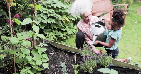 Grandmother helping grandchild water the garden