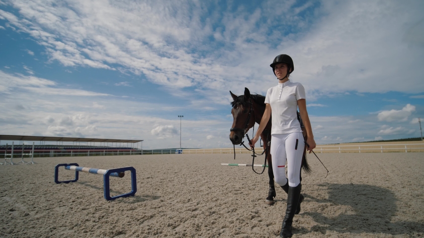 Young woman horseman walk with brown horse holding the reins at sandy parkour riding arena. Training horses at outdoors, equestrian sport. Slow motion. Royalty-Free Stock Footage #1037190833