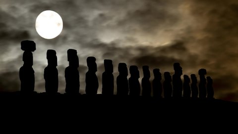 Moai: Ancient and Mysterious Sculpture in Easter Island, Time Lapse by Night with Dark Sky and Full Moon, Rapa Nui National Park, Polynesia, Chile