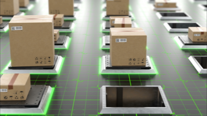Modern Automated Hi-tech Warehouse with Parcels Rising on Lifts and Digital Floor Lights Seamless. Beautiful Looped 3d Animation of Cardboard Boxes. Storage and Delivery Concept. 4k UHD 3840x2160. Royalty-Free Stock Footage #1037209088
