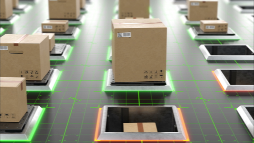 Modern Automated Hi-tech Warehouse with Parcels Rising on Lifts and Digital Floor Lights Seamless. Beautiful Looped 3d Animation of Cardboard Boxes. Storage and Delivery Concept. 4k UHD 3840x2160. Royalty-Free Stock Footage #1037209088