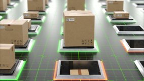 Modern Automated Hi-tech Warehouse with Parcels Rising on Lifts and Digital Floor Lights Seamless. Beautiful Looped 3d Animation of Cardboard Boxes. Storage and Delivery Concept. 4k UHD 3840x2160. - Powered by Shutterstock - Get 15% off with code: PIKWIZARD15