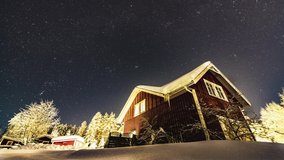 Rotating stars sky above traditional swedish wooden cottage at countryside. Very cold weather makes sky very clear wit a lot of shiny stars. Time lapse video for over than 6 hours 