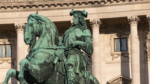 Close-up hyper lapse of Imperial Palace Hofburg and Statue of Prince Eugene of Savoy, Vienna, Austria