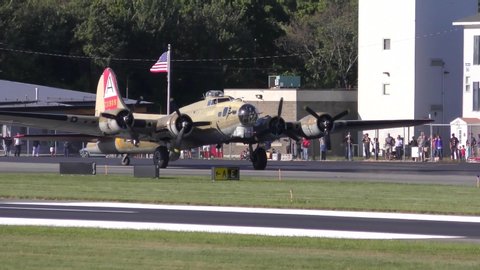 Historic WW2 warbird B17 Flying Fortress bomber plane, runway bound, Beverly Airport Massachusetts USA, September 13, 2019