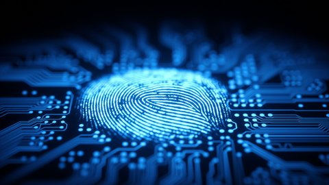 Fingerprint, printed circuit, releasing binary codes, microchip concept and data processing and digital identification.