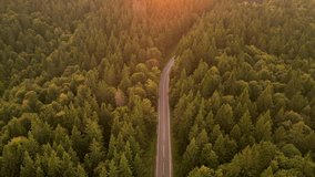 Aerial drone video with a mountain winding road in autumn season at sunset