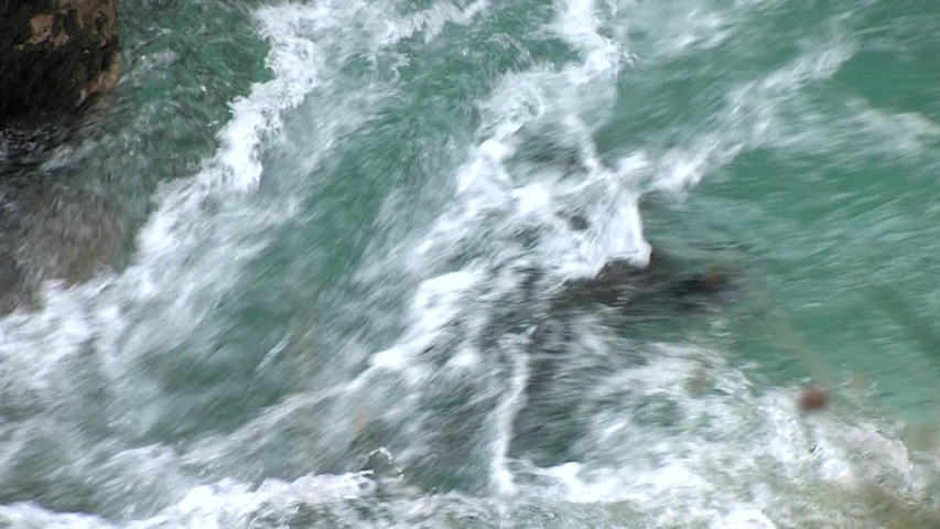 Wild clean river rapids closeup. River foams while it flows through narrow gap.