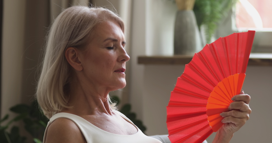 Overheated old senior woman feel hot wave fan annoyed with high temperature sit at home, stressed middle aged lady sweating suffer from climax summer weather heat problem without no air conditioner Royalty-Free Stock Footage #1037252579