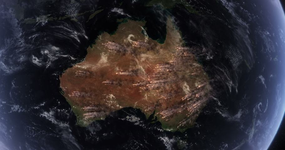 Bushfires in Australia. Satellite View Shows Many of Wildfires Burning in the Australian Outback and Rainforests. Smoke Covering Much of the Continent. Royalty-Free Stock Footage #1037261564