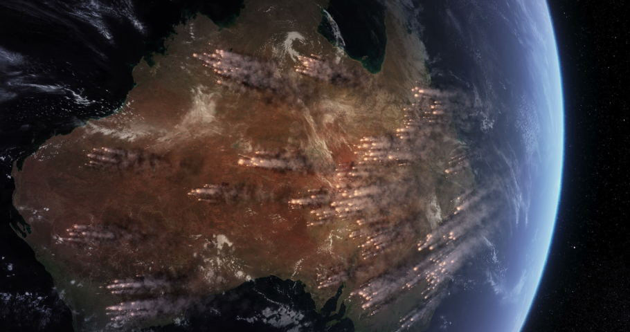 Bushfires in Australia. Satellite View Shows Many of Wildfires Burning in the Australian Outback and Rainforests. Smoke Covering Much of the Continent. | Shutterstock HD Video #1037261564
