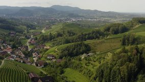 Aerial view around the village Ringelbach in Germany in the black forest on a sunny day in summer. Descending beside the valley.