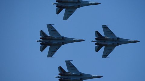Moscow Russia Zhukovsky Airfield 31 August 2019: Aerobatic teams "Falcons Of Russia" on planes Su-30 of the international aerospace salon MAKS-2019