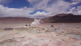 Uyuni, Bolivia, Jan 2019 - Tourists Visit Sol de Mañana Geysers, in 4x4 Vehicles - Aerial Drone 6 Scene Clip Pack Collection - 