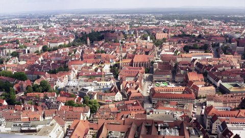 Looking down at the city of Nürnberg (Nuremberg) in an aerial flight. The townis located in Bavaria, Germany.