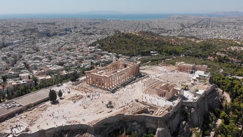 Drone shot of Acropolis and Parthenon in Athens, Greece. 4k aerial. 