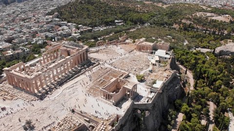 Aerial pan view of Athens Acropolis and Parthenon. Greece. 4k drone shot.