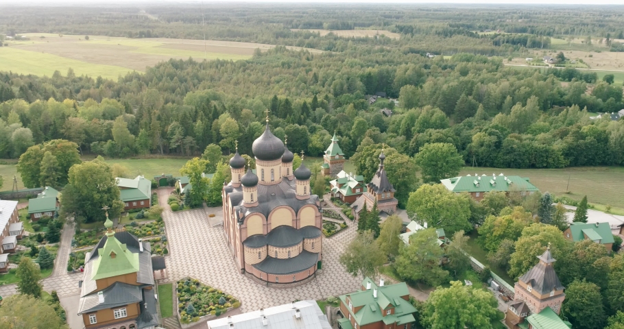 Aerial view of  a small Orthodox Christian church was built in Pühtitsa.  Pühtitsa Convent is a Russian Orthodox convent in Eastern Estonia between Lake Peipus and the Gulf of Finland.