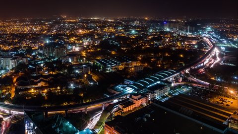 High angle view on Sandal Soap Factory metro station and Yeswanthpur industrial park time lapse at night