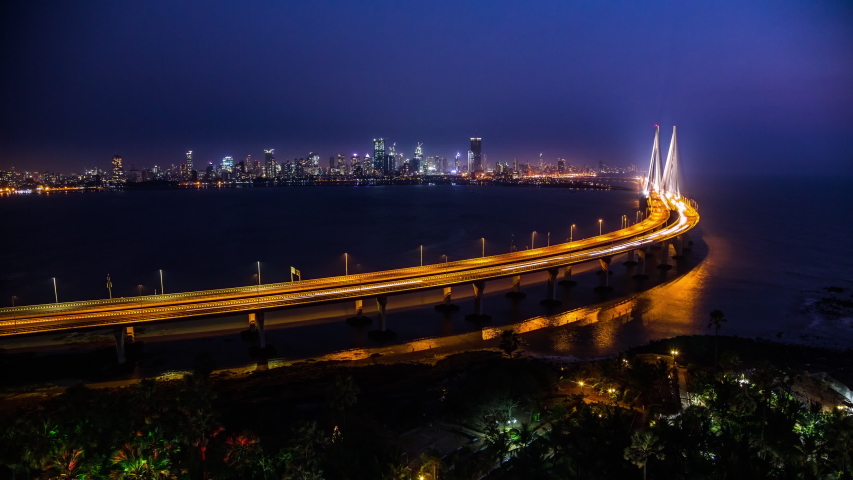 High angle view of Bandra Worli Sea Link in Mumbai, India time lapse at night Royalty-Free Stock Footage #1037287739