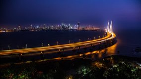 High angle view of Bandra Worli Sea Link in Mumbai, India time lapse at night