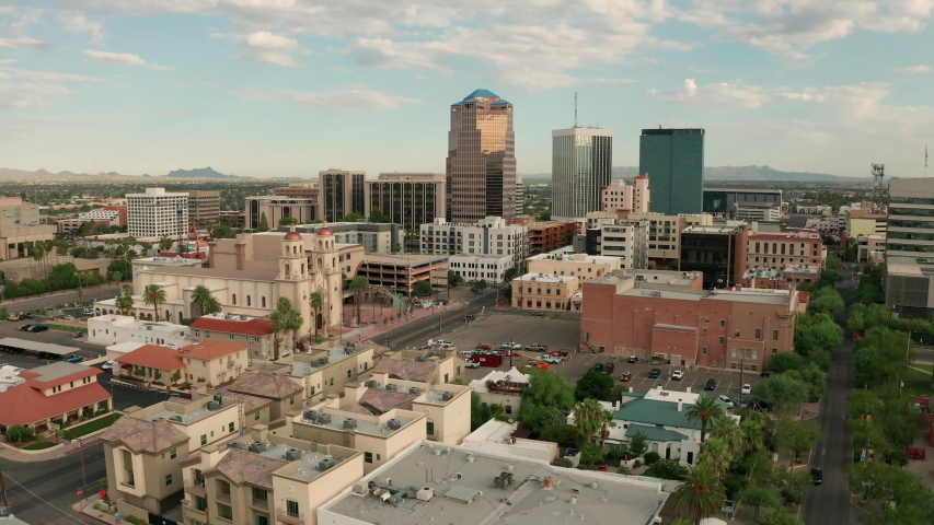 Cloudy Skies Aerial Perspective Downtown City Skyline Tucson Arizona