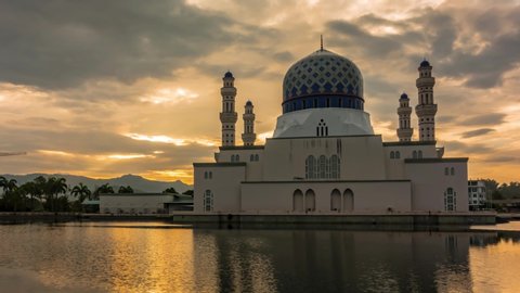 2019 Kota Kinabalu, Sabah Malaysia - Early morning time-lapse of the City Mosque, also known as Masjid Bandaraya. A tourist landmark for Sabah.