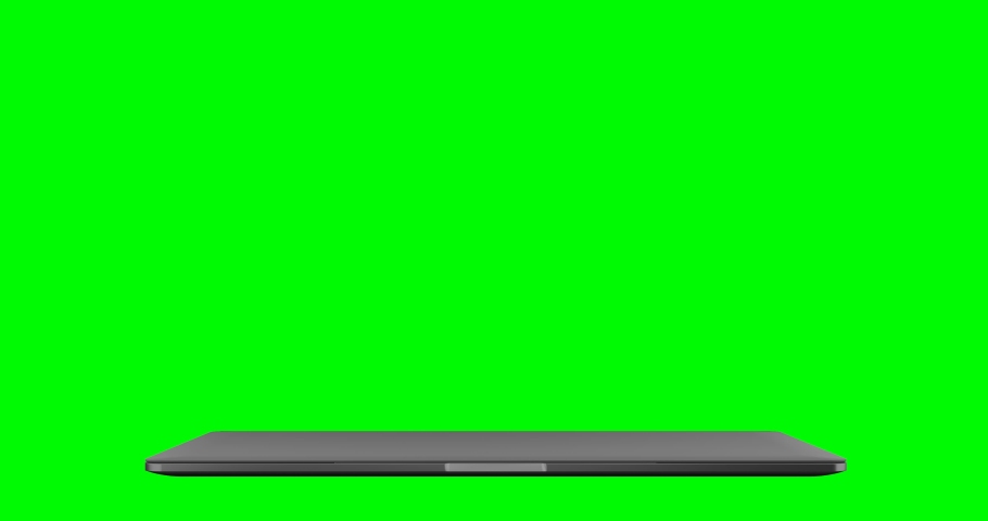 Laptop blank screen zoom in opening on green screen background