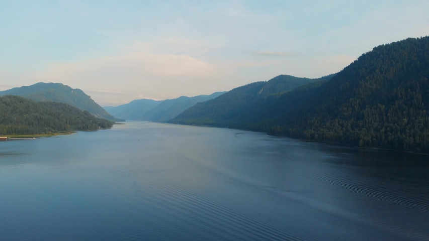 Aerial view of Lake Teletskoe, sunny summer morning, Altai mountines, Russia