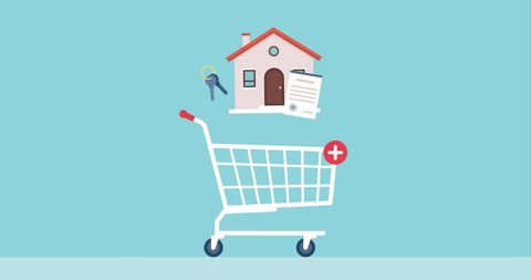 House, contract and keys falling in a shopping cart: real estate, insurance and investments concept