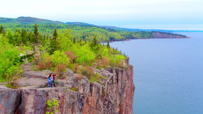 Aerial Drone, Couple at Split Rock Lighthouse State Park Minnesota
