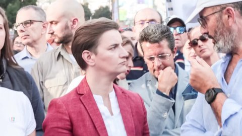 BELGRADE, SERBIA - SEPTEMBER 15, 2019:  Prime Minister Ana Brnabic applauding during the 2019 edition of Belgrade Gay Pride. She's the 1st lesbian prime minister in Balkans

